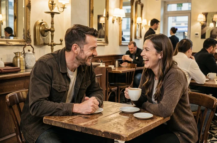 Homme et femme en conversation animée dans une brasserie parisienne vintage, atmosphère chaleureuse et complice autour d'un café