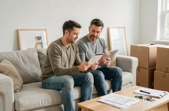 Couple consultant une liste de tâches administratives sur tablette dont le changement d'adresse bancaire dans un salon en cours d'installation après déménagement