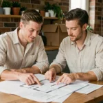 Couple de trentenaires consultant des plans immobiliers et documents à une table en bois dans un appartement moderne, illustrant les étapes clés d'un projet immobilier réussi