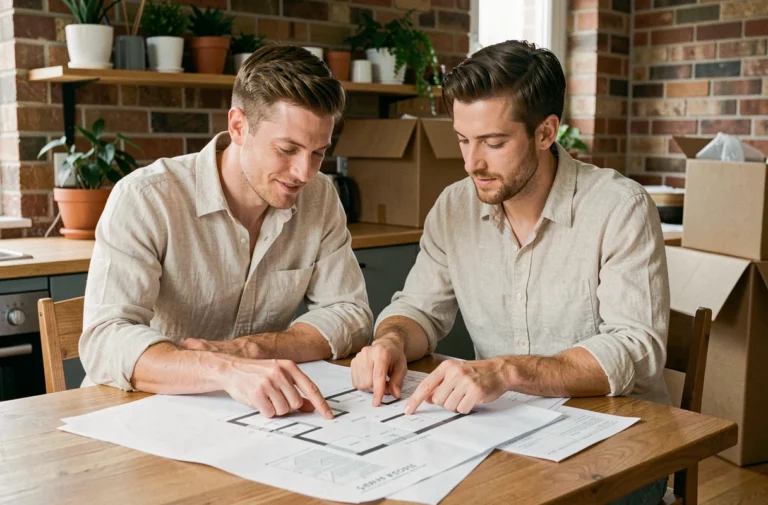 Couple de trentenaires consultant des plans immobiliers et documents à une table en bois dans un appartement moderne, illustrant les étapes clés d'un projet immobilier réussi