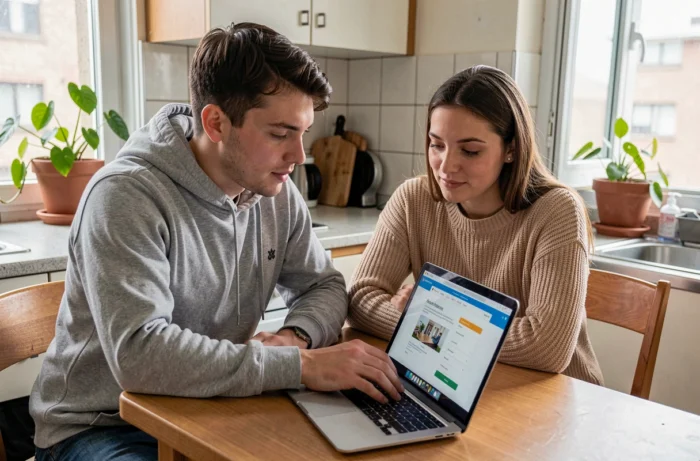 Jeune couple remplissant un dossier Syplo de demande de logement en ligne depuis leur appartement