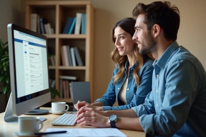 Couple vérifiant leur éligibilité aux aides MaPrimeRénov selon leurs revenus sur un ordinateur de bureau à domicile