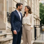 Couple élégant posant devant un immeuble parisien en pierre, habillés avec sobriété, sourires complices en extérieur urbain