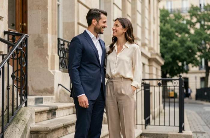 Couple élégant posant devant un immeuble parisien en pierre, habillés avec sobriété, sourires complices en extérieur urbain