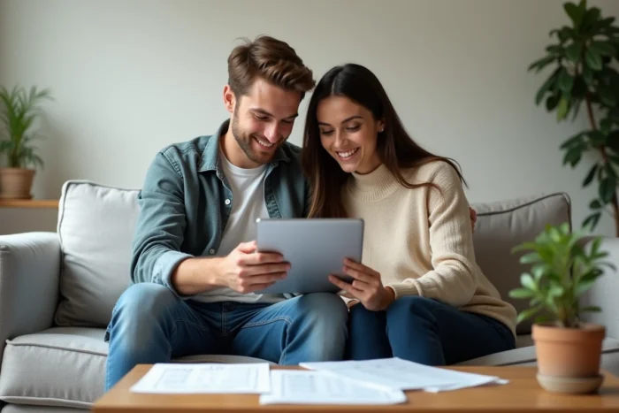 Jeune couple étudiant des options de crédit et de financement sur une tablette dans leur salon