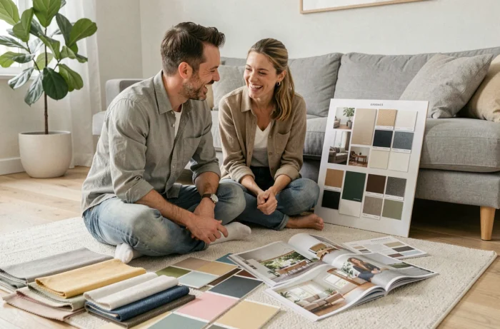Couple planifiant un projet de décoration intérieure avec des échantillons de tissus et des cartes de couleurs dans leur salon