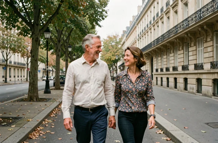 Couple élégant se promenant sur un boulevard parisien aux platanes, évoquant la vie privée et conjugale d'une personnalité médiatique française