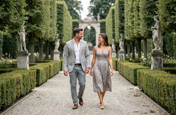 Couple se promenant dans un jardin à la française, tenue élégante décontractée, atmosphère sereine et romantique en plein air