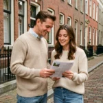 Couple consultant une annonce immobilière devant une maison de briques typique à Bruxelles