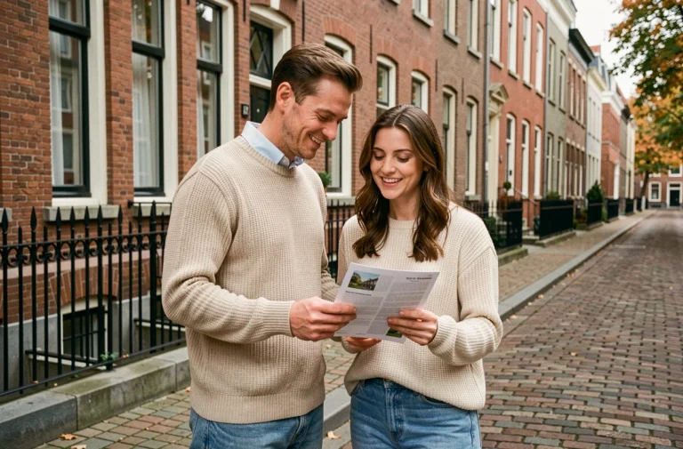 Couple consultant une annonce immobilière devant une maison de briques typique à Bruxelles
