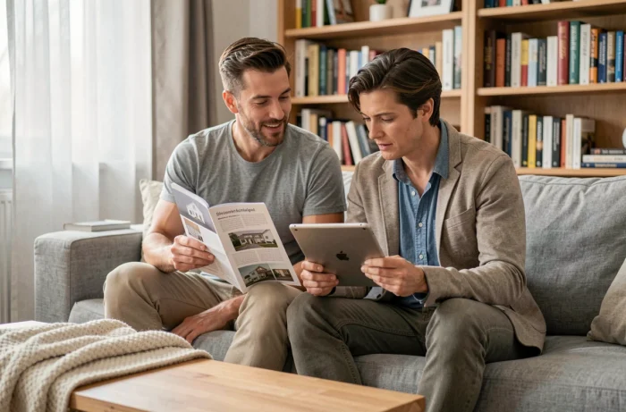 Couple consultant un catalogue et une tablette pour sélectionner le meilleur équipement pour améliorer leur maison