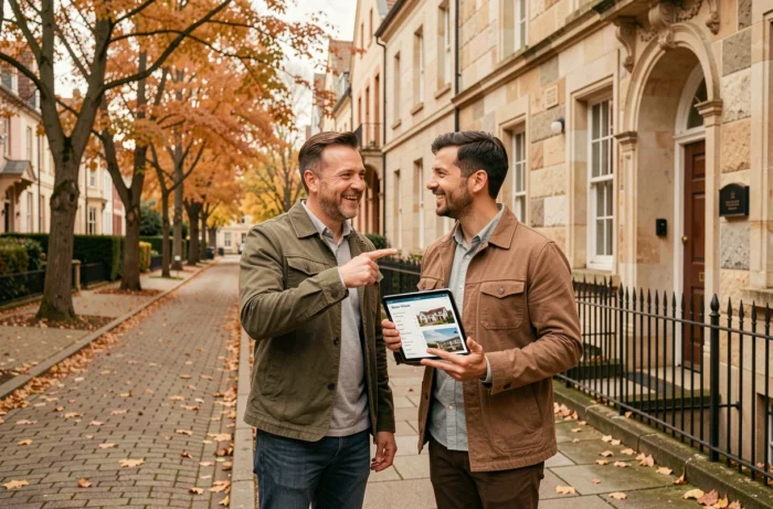 Couple visitant un immeuble résidentiel en pierre pour un investissement immobilier en automne