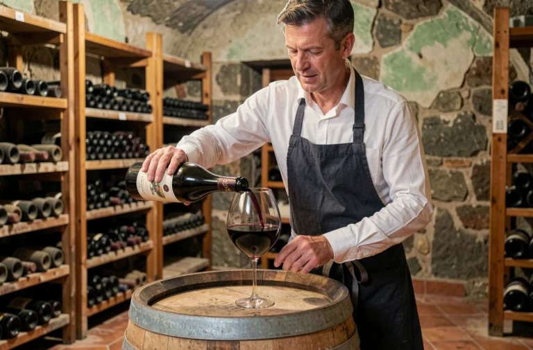 Sommelier versant un vin rouge Beaujolais dans un verre à pied dans une cave viticole en pierre, illustration des 10 crus du Beaujolais