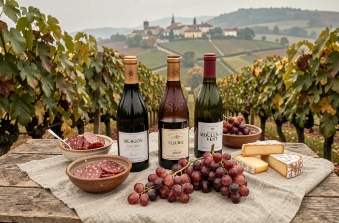 Table rustique en plein air avec des bouteilles des crus du Beaujolais, charcuterie et raisins Gamay dans un vignoble en automne