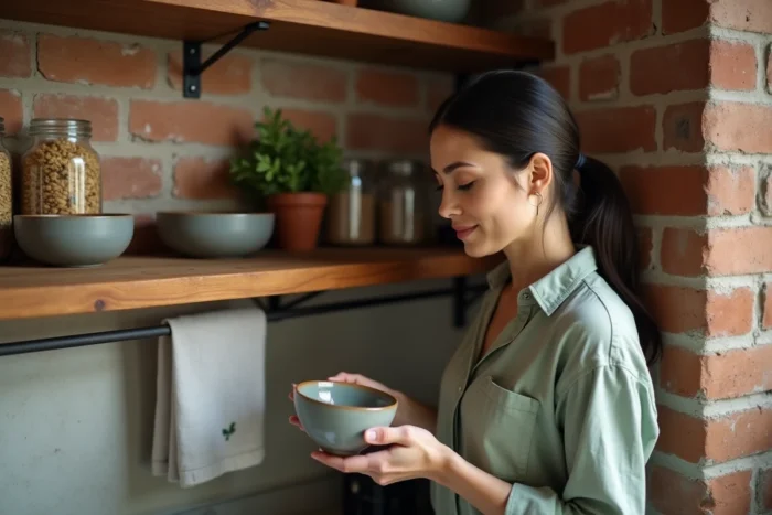 Femme aménageant des étagères en bois dans une cuisine avec briques apparentes et vaisselle en céramique, inspiration décoration maison style naturel