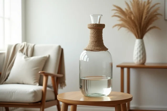 Dame-jeanne en verre soufflé avec vannerie posée sur une table en bois dans un intérieur minimaliste