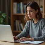 Femme déclarant un vol en ligne sur son ordinateur portable depuis son bureau à domicile