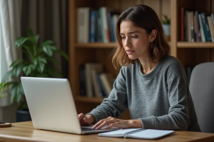 Femme déclarant un vol en ligne sur son ordinateur portable depuis son bureau à domicile