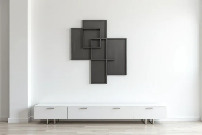 Décoration murale en métal géométrique noir sur un mur blanc épuré dans un salon minimaliste