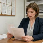 Femme consultant un dossier de demande de logement social dans un bureau administratif