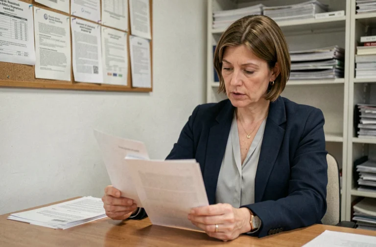 Femme consultant un dossier de demande de logement social dans un bureau administratif