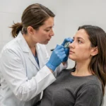 Dermatologue examinant le visage d'une patiente en cabinet médical pour évaluer les effets d'un comblement de rides