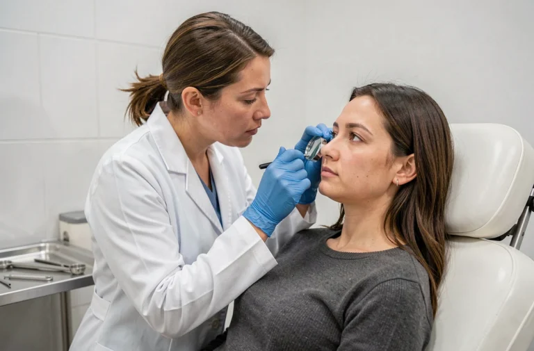 Dermatologue examinant le visage d'une patiente en cabinet médical pour évaluer les effets d'un comblement de rides