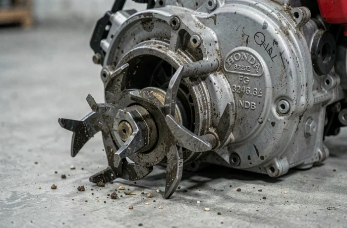 Détail du moteur et des fraises de la motobineuse Honda FG 320, vue rapprochée mettant en valeur la qualité mécanique et la robustesse de la machine