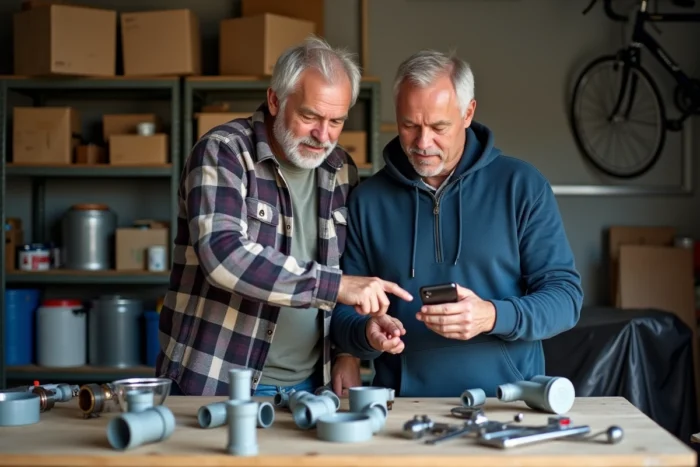 Deux bricoleurs comparant des conseils de forum sur smartphone dans un garage avec des outils de plomberie