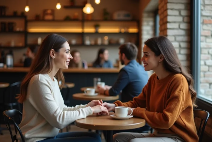 Deux amies partageant un moment de connexion émotionnelle dans un café, geste de bienveillance et de pensée sincère