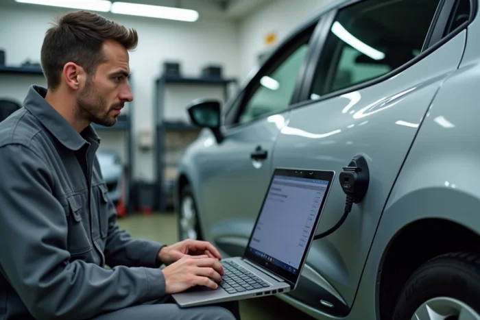Mécanicien utilisant un outil de diagnostic OBD2 connecté à une Renault Clio 5 pour lire les codes défauts liés à l'injection
