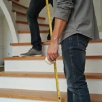 Homme mesurant les dimensions des marches d'un escalier en bois moderne dans un intérieur contemporain