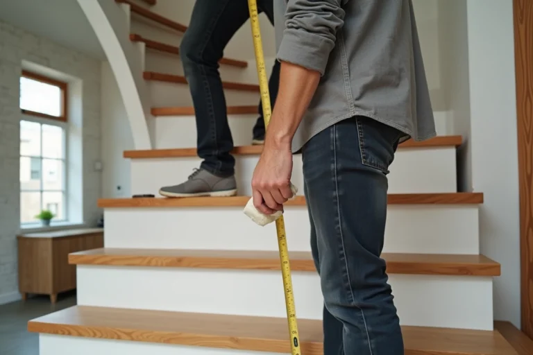 Homme mesurant les dimensions des marches d'un escalier en bois moderne dans un intérieur contemporain