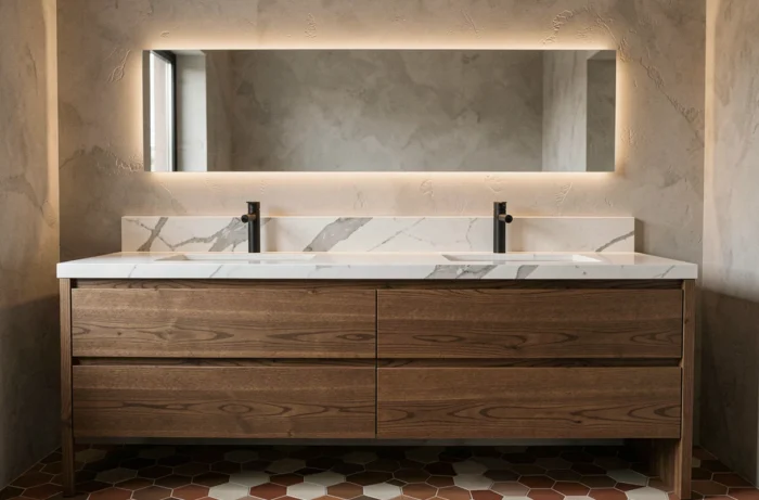 Double vasque encastrée sur meuble en chêne fumé avec plan en marbre de Carrare et robinets noirs tendance