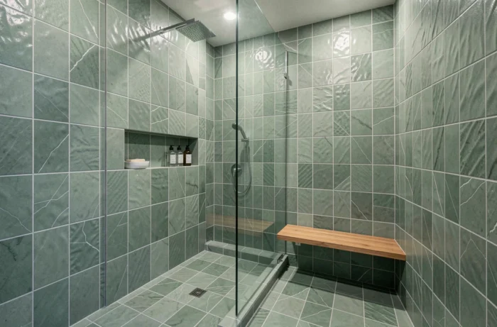 Douche à l'italienne en zellige vert sauge avec paroi en verre, niche encastrée et banc en teck naturel