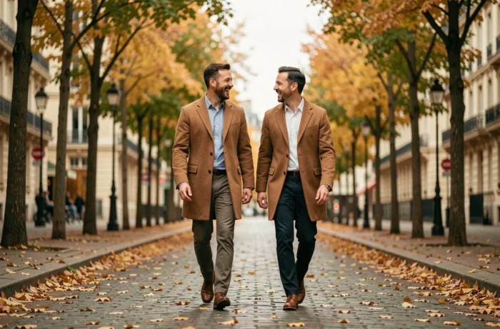Deux hommes marchant et riant ensemble sur un boulevard parisien bordé d'arbres en automne avec des feuilles dorées au sol