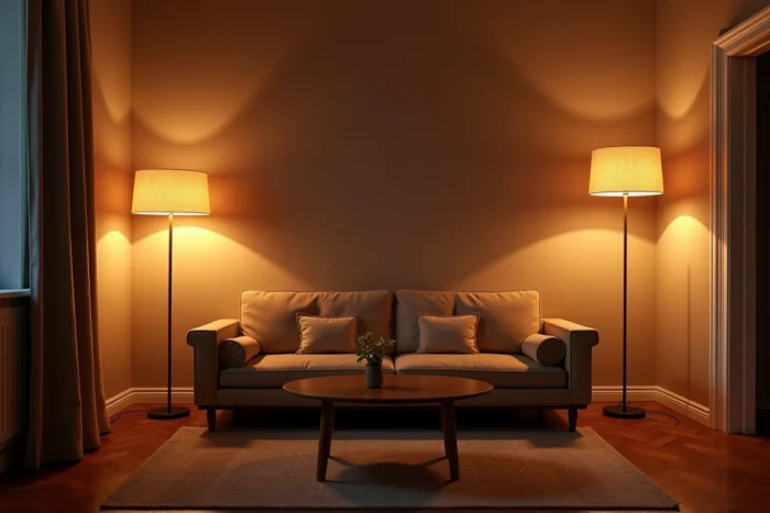 Éclairage indirect par lampes d'appoint dans un salon avec ambiance cosy et lumière chaude tamisée