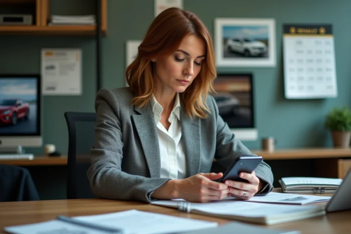 Employée d'un concessionnaire Renault consultant son téléphone face à un accès bloqué sur Dialogys