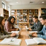 Groupe d'étudiants diversifiés qui s'entraident lors d'une session de travail collaboratif dans une bibliothèque universitaire française