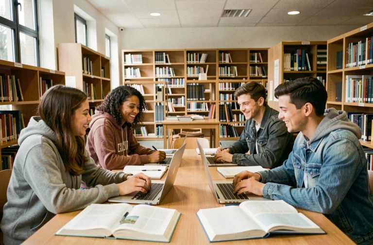 Groupe d'étudiants diversifiés qui s'entraident lors d'une session de travail collaboratif dans une bibliothèque universitaire française
