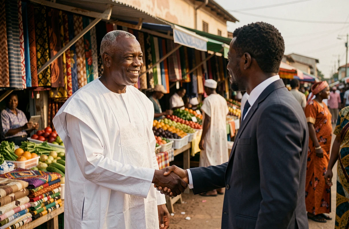 Entrepreneur ivoirien en boubou blanc serrant la main d'un partenaire commercial au marché d'Adjamé à Abidjan