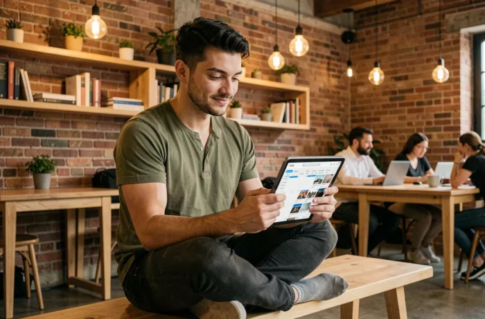 Jeune entrepreneur consultant un calendrier de contenu sur tablette dans un espace de co-working pour développer sa présence sur les nouveaux médias digitaux