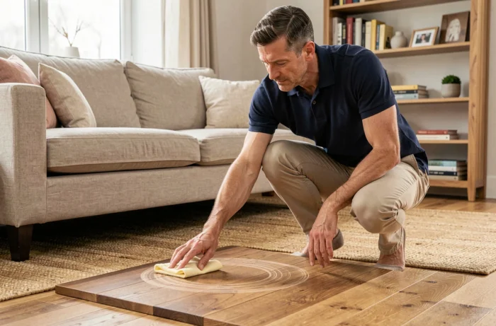 Homme astiquant un parquet en bois dans un salon cosy et bien décoré