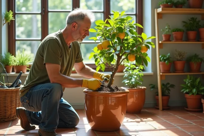 Homme taillant un citronnier en pot dans une véranda lumineuse avec outils de jardinage