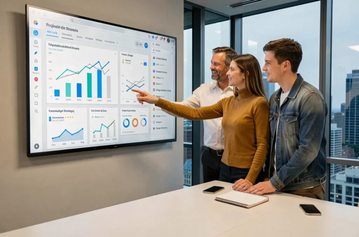 Équipe de professionnels collaborant autour d'un écran tactile affichant des stratégies de médias digitaux dans une salle de réunion moderne