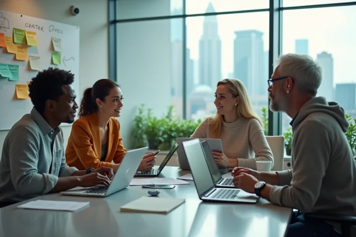 Équipe de professionnels collaborant autour d'une table de réunion avec des appareils technologiques dans un bureau vitré