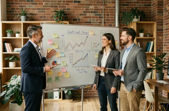 Équipe d'entrepreneurs collaborant sur des stratégies de croissance économique et des tendances de marché 2024