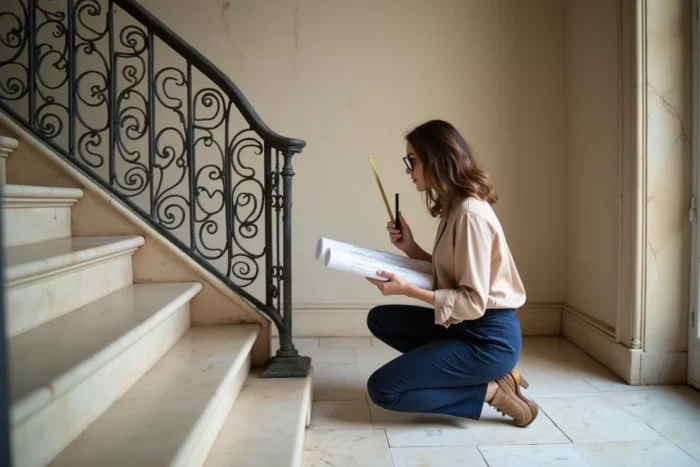 Femme mesurant les dimensions d'un escalier en pierre dans un immeuble haussmannien avec plans architecturaux