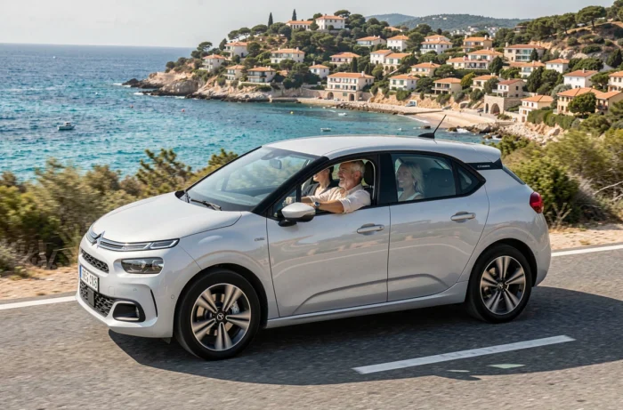Couple en essai routier d'une Citroën électrique sur une route côtière de la Côte d'Azur