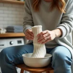Femme qui étire une chaussette en laine mouillée sur un bol en céramique dans une buanderie à domicile